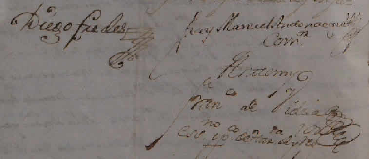 Protocolo 73, Foja 24V; firmado por: Fredes, Andonaegui y el escribano Videla Capilla de Chacras de Coria en Mendoza