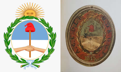 Escudo que fue colocado sobre la puerta de entrada de la Asamblea General Constituyente de 1813. Pintado sobre una plancha de hierro de 45 x 55 cm. Escudo de la Republica Argentina